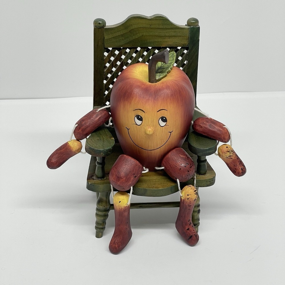 Vintage 2004 Anthropomorphic Apple Shelf Sitter Wood & Wooden Chair Signed